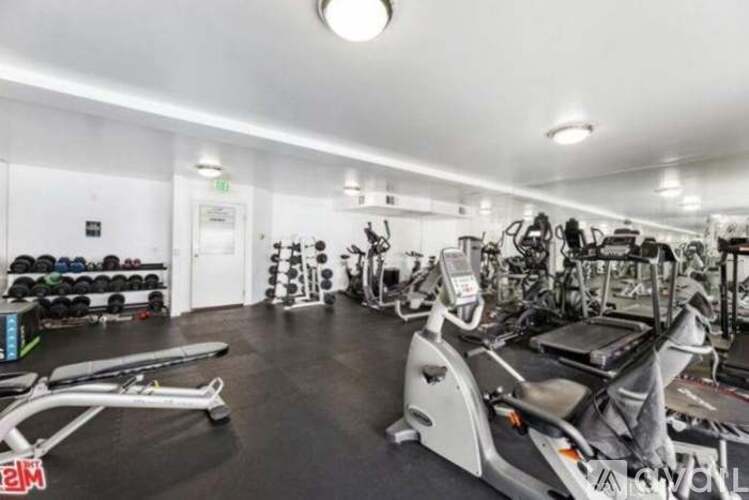 A spacious gym with various exercise equipment and a black floor.