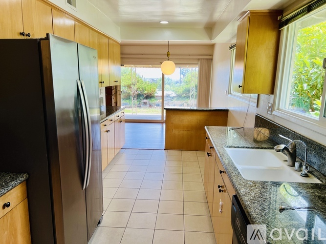 A kitchen with a black refrigerator and a black dishwasher.