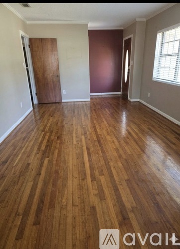A room with wooden flooring and a brown door.
