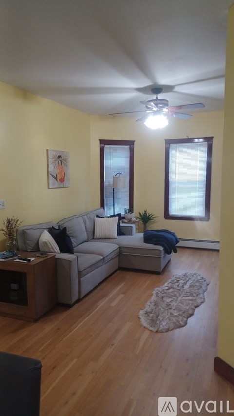A living room with a grey couch and a ceiling fan.