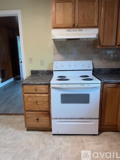 A white stove is in a kitchen with wooden cabinets.