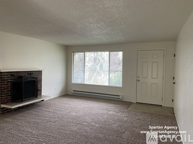A Spartan Agency image of a carpeted room with a fireplace and a door.