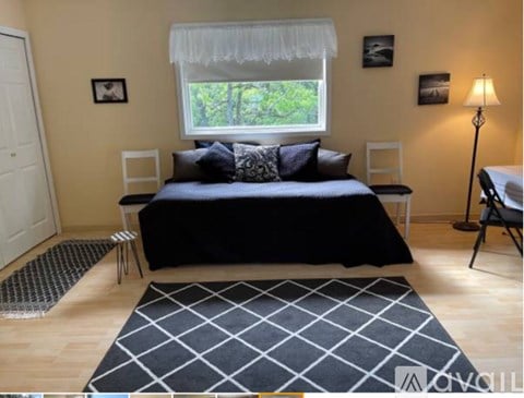 A bedroom with a black bed and a window with white curtains.