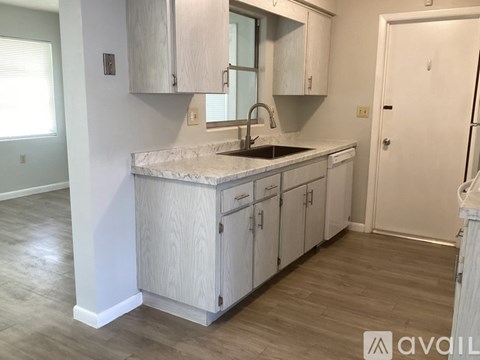 A kitchen with a sink and cabinets.