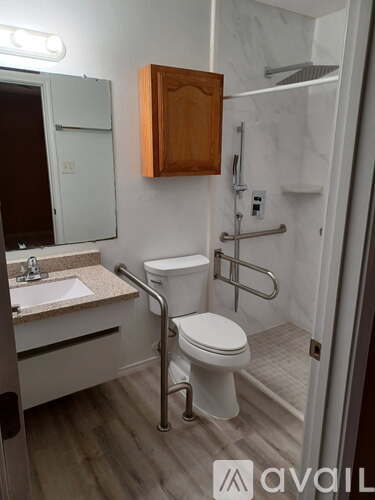 A bathroom with a toilet, sink, and grab bar.