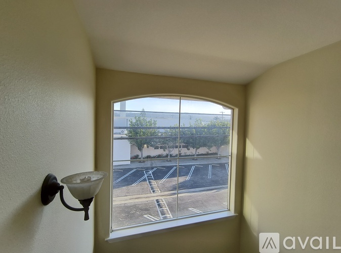 A window with a view of a parking lot and trees.