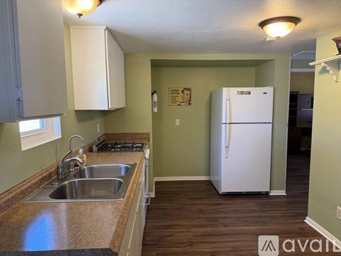 A kitchen with a white refrigerator and a stainless steel sink.