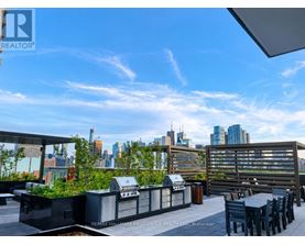 A rooftop patio with a grill and chairs overlooking a city skyline.