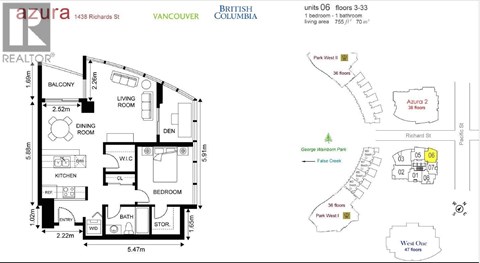 A floor plan for a British Columbia apartment shows a living room, a dining room, a kitchen, a balcony, and a bedroom.