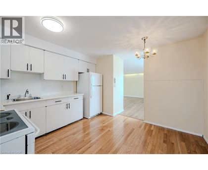 A kitchen with white cabinets and a wooden floor.