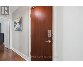 A brown door with a silver handle and a painting on the wall.