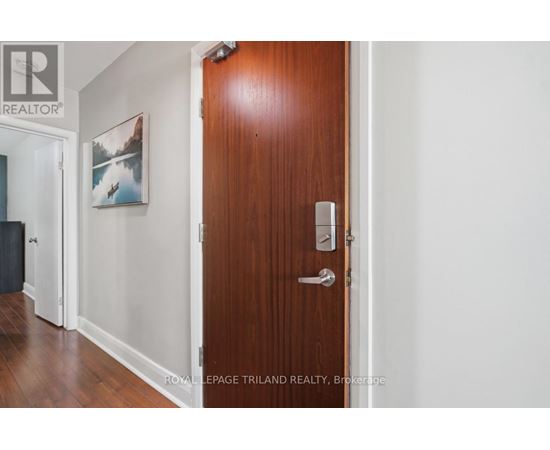 A brown door with a silver handle and a painting on the wall.