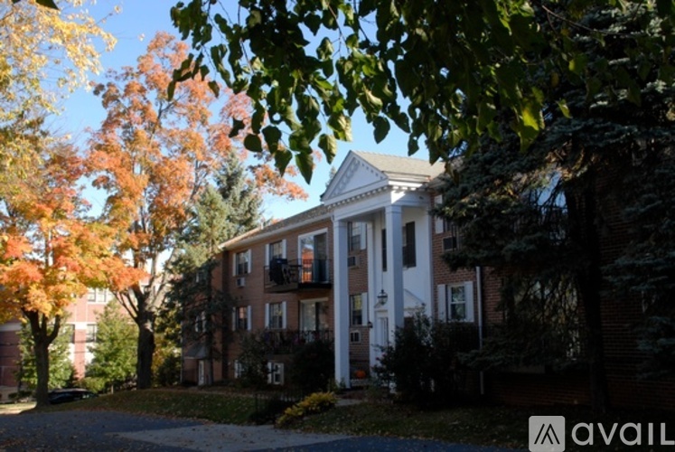 A tree with orange leaves is in front of a building.