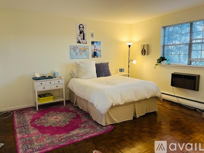 A bedroom with a bed, nightstand, and a rug.