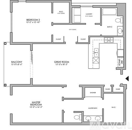 A floor plan of an apartment with a master bedroom, a balcony, and a great room.