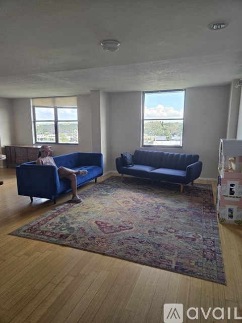 A woman is sitting on a blue couch in a room with wooden floors and a large rug.
