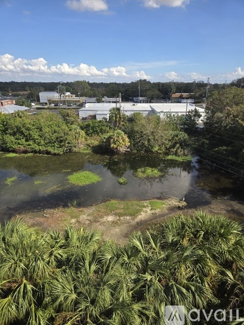 A pond surrounded by greenery and buildings in the distance.