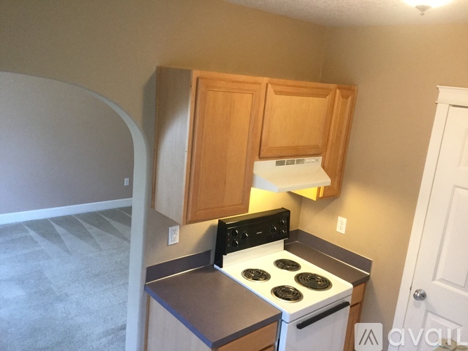 A kitchen with a stove and cabinets.