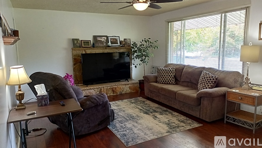 A living room with a brown couch and a television.