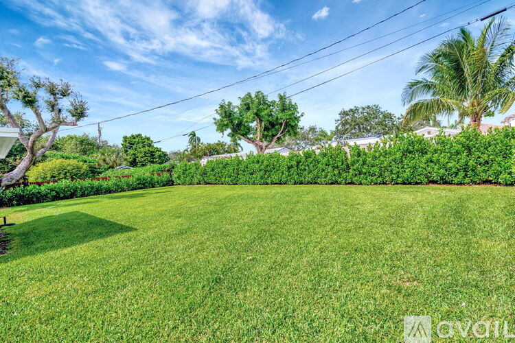 A lush green lawn with trees and a clear sky.