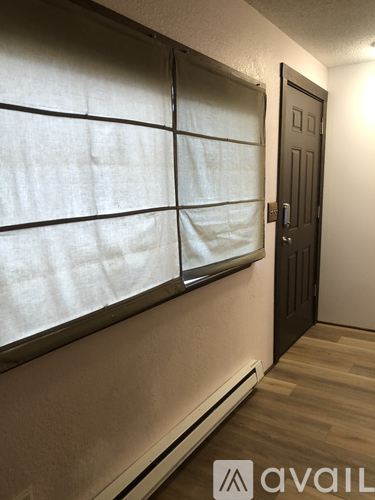 A room with a wooden floor and a door with a window covered in white cloth.