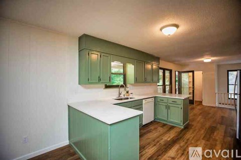 A kitchen with green cabinets and a white countertop.