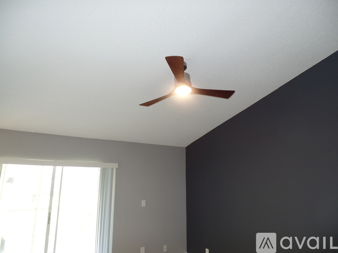 A ceiling fan with a light on in a room with a window.