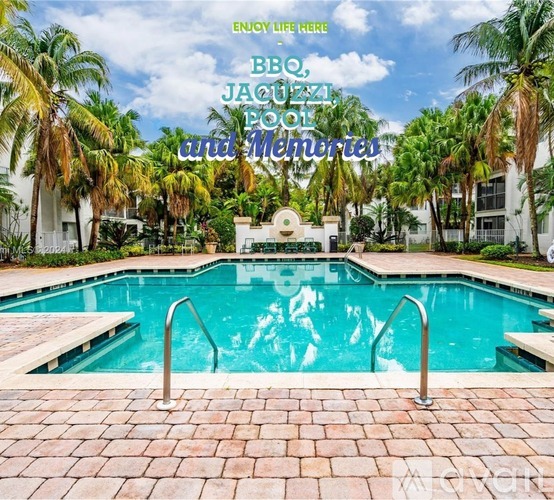 A pool surrounded by palm trees with a sign that says BBQ Jacuzzi Pool and Memories.