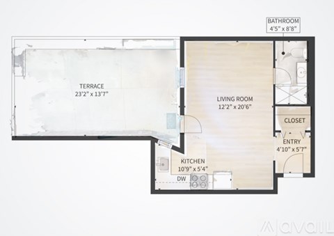 A floor plan of an apartment with a bathroom, living room, kitchen, and terrace.