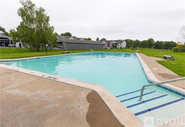 A large outdoor swimming pool with a concrete edge and a metal ladder.