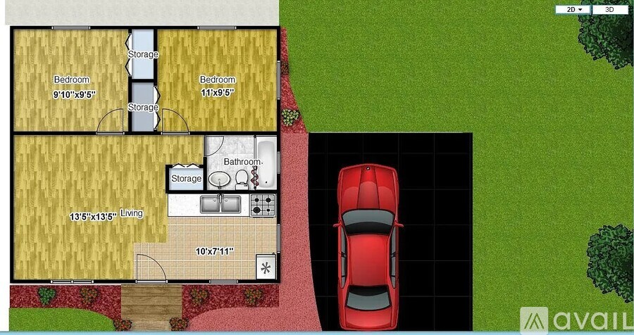 A red car is parked in a garage in front of a house.