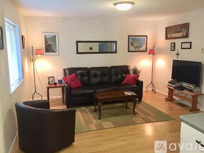 A living room with a black couch and a television.