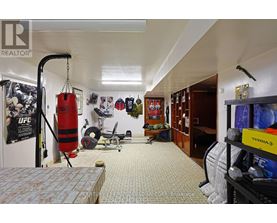 A gym room with a punching bag, weights, and exercise equipment.