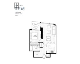 A black and white image of a one bedroom apartment layout.