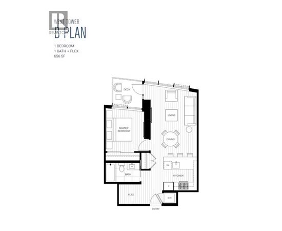 A black and white image of a one bedroom apartment layout.