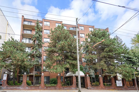 A tall brick building with a tree in front of it.