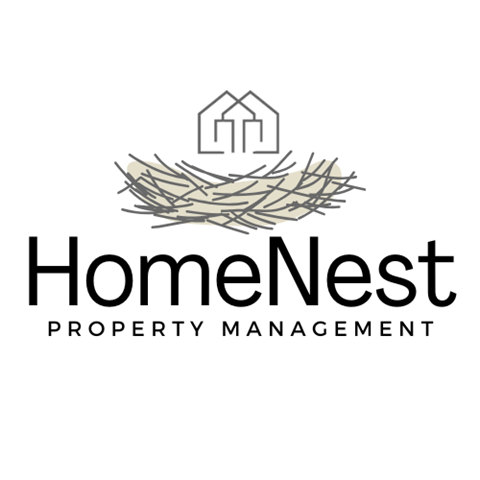 A logo for HomeNest Property Management featuring a nest with a house inside it.