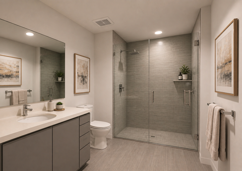 A modern bathroom with a walk-in shower and double sinks.
