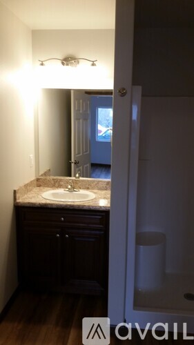 A bathroom with a sink and a mirror.