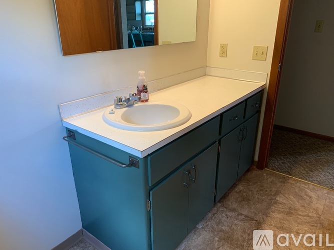 A bathroom with a white sink and a mirror above it.