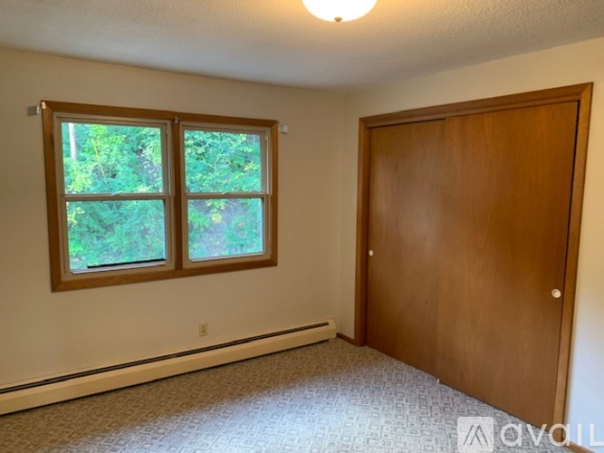 A room with a brown door and a window with a view of trees.