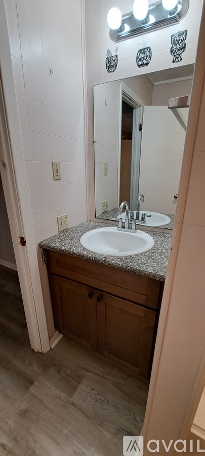 A bathroom with a sink and mirror.