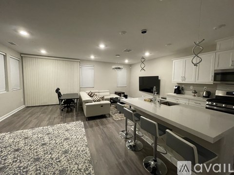 A modern kitchen and living room with a patterned rug on the floor.