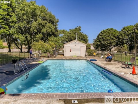 A swimming pool surrounded by trees and a small building.