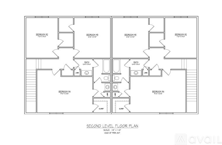 A second level floor plan for a building with rooms labeled as Bedroom 101, Bathroom 101, and Kitchen 101.