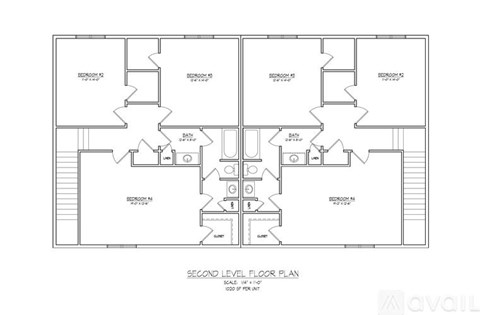 A second level floor plan for a building with rooms labeled as Bedroom 101, Bathroom 101, and Kitchen 101.