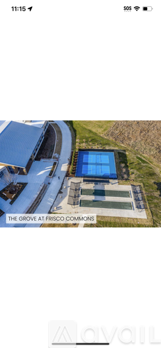 A bird's eye view of a building with a pool and a sign that reads "The Grove at Frisco Commons.".