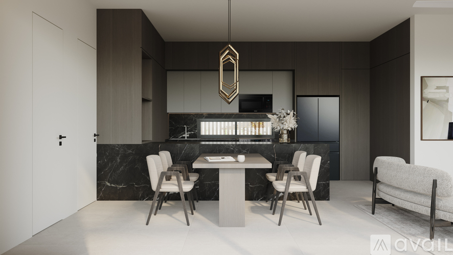 A modern dining room with a marble table and chairs.