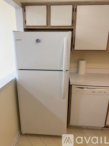 A white refrigerator in a kitchen with a dishwasher behind it.