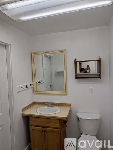 A bathroom with a toilet, sink and mirror.